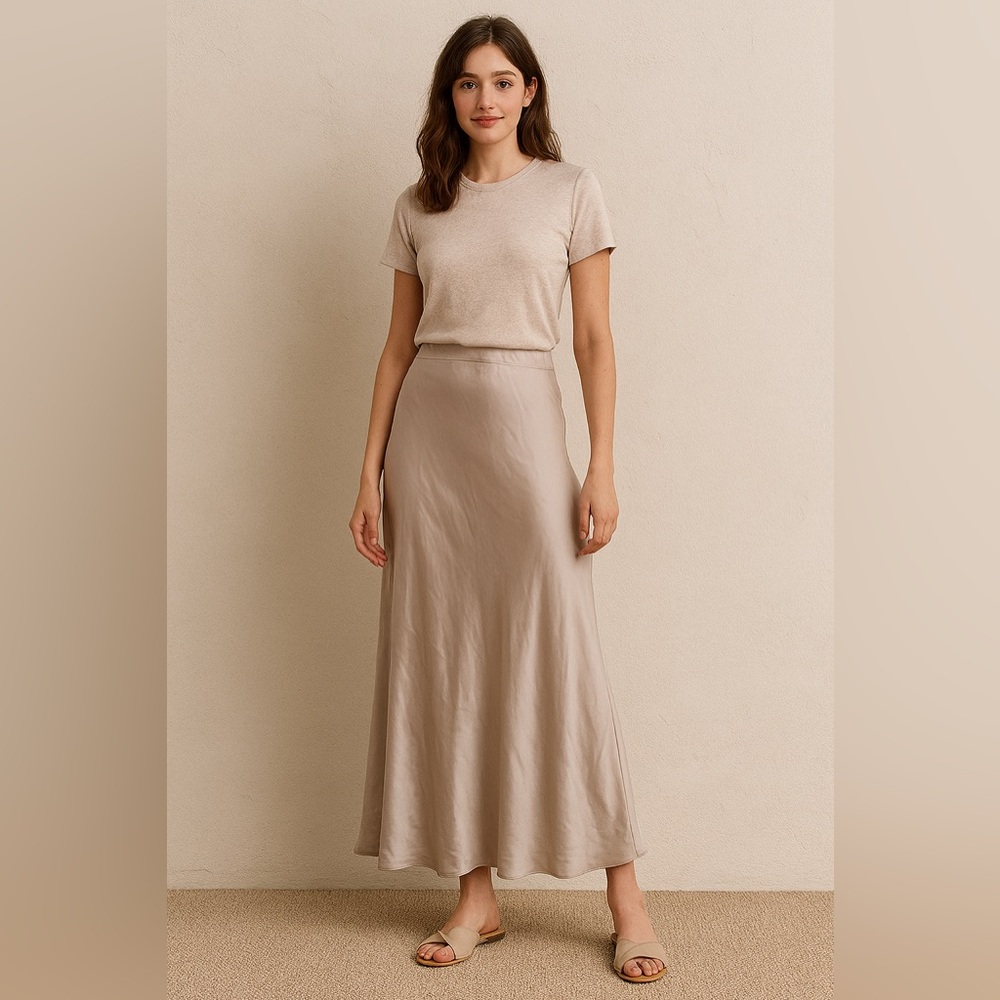 Xitang Studio Maxi Skirt Satin A line Mushroom Champagne Mauve Stretch Size S